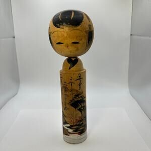 Vintage Japanese Kokeshi Doll Beautiful Wooden 9.5 in Tall  w River Bridge Scene